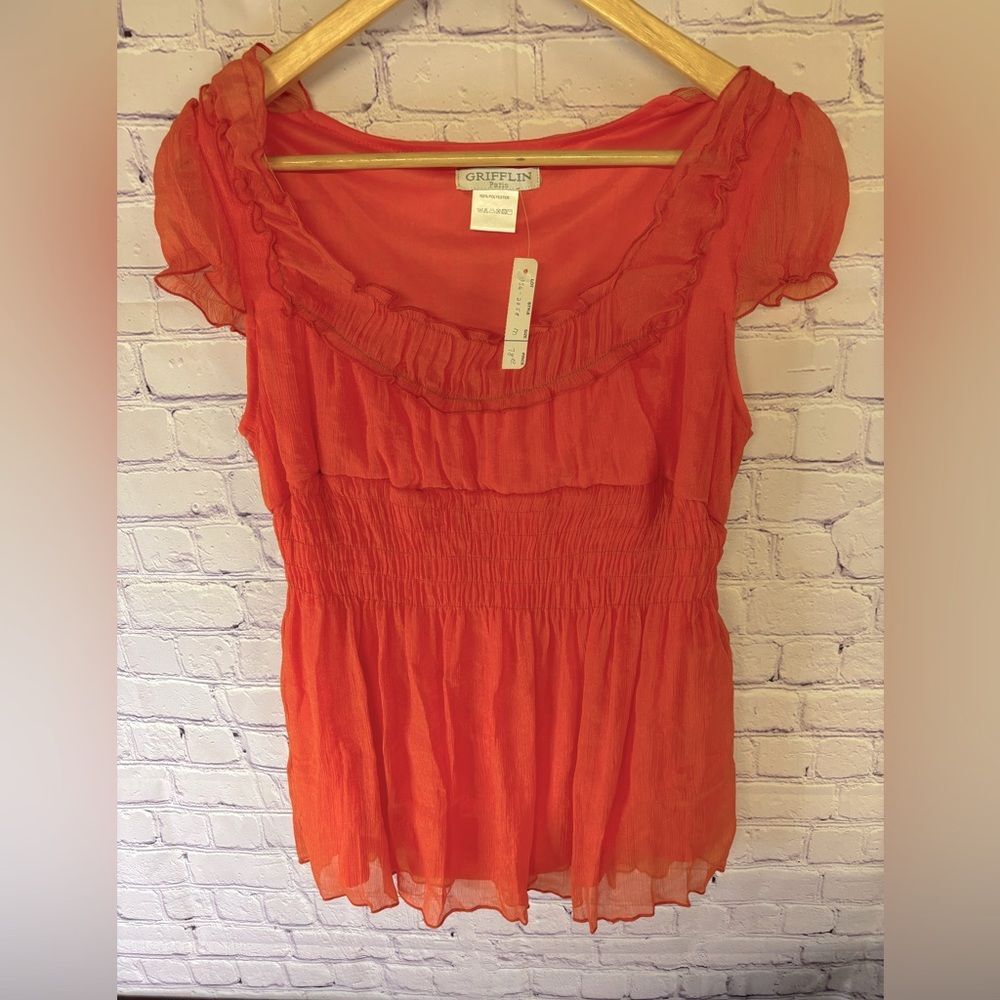 NWT Grifflin Paris Orange Babydoll Smocked Cap Sleeve Sheer 90s Boho Top Size S